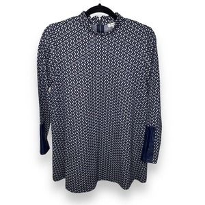 Tyler Boe Women's XS Tunic Sweater Mock Neck Blue Faux Leather Cuff Geometric